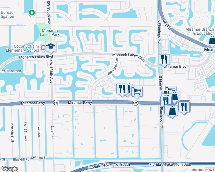 map of restaurants, bars, coffee shops, grocery stores, and more near 12962 Southwest 29th Court in Miramar