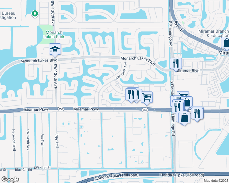 map of restaurants, bars, coffee shops, grocery stores, and more near 12962 Southwest 29th Court in Miramar