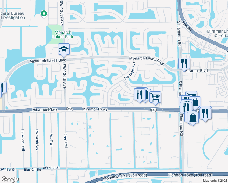 map of restaurants, bars, coffee shops, grocery stores, and more near 12990 Southwest 30th Court in Miramar