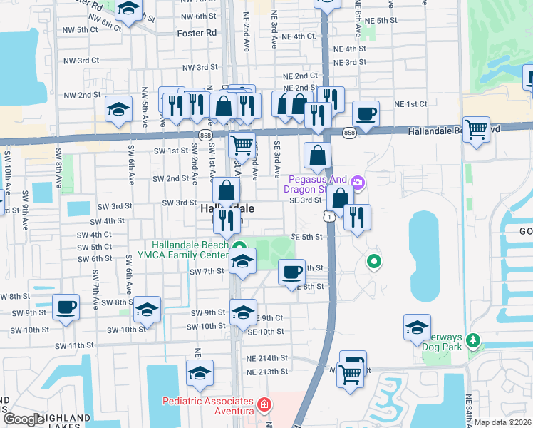 map of restaurants, bars, coffee shops, grocery stores, and more near 150 Southeast 3rd Street in Hallandale Beach