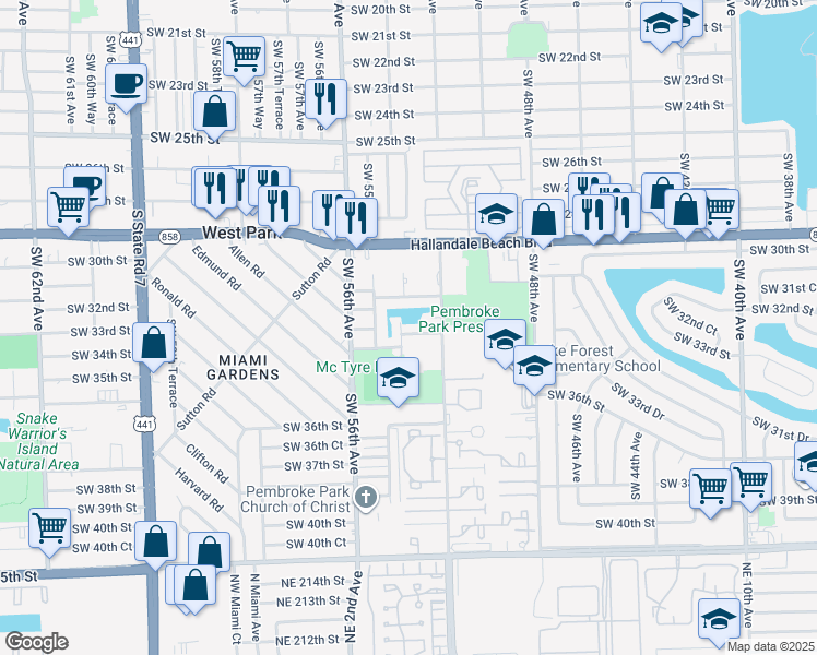 map of restaurants, bars, coffee shops, grocery stores, and more near 5351 Southwest 33rd Street in Pembroke Park