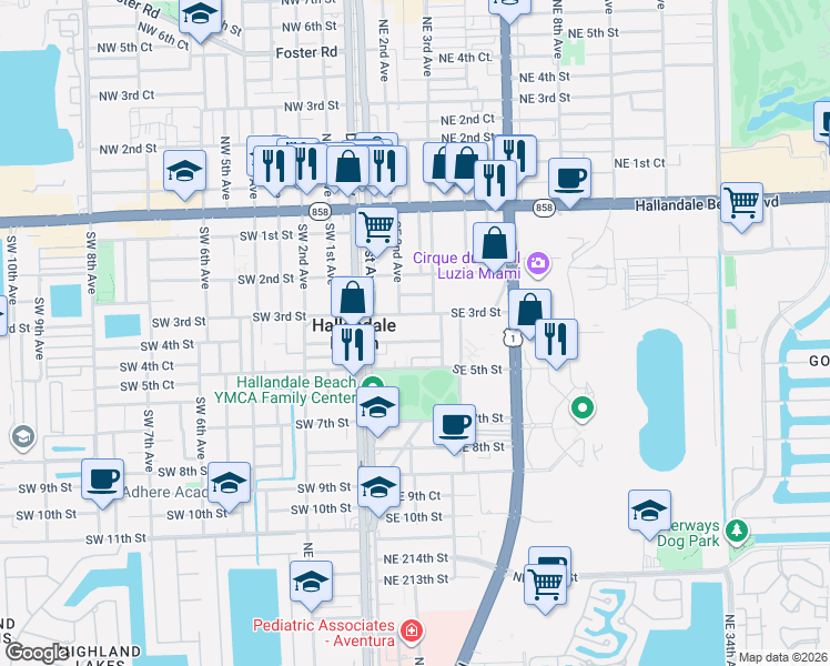 map of restaurants, bars, coffee shops, grocery stores, and more near 150 Southeast 3rd Street in Hallandale Beach