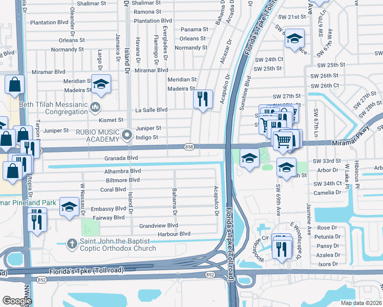 map of restaurants, bars, coffee shops, grocery stores, and more near 7410 Miramar Parkway in Miramar