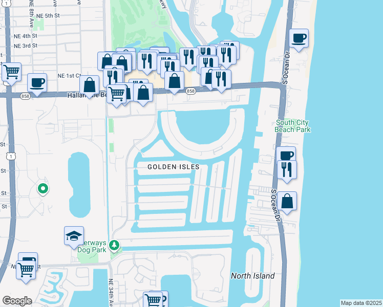 map of restaurants, bars, coffee shops, grocery stores, and more near 357 Golden Isles Drive in Hallandale Beach
