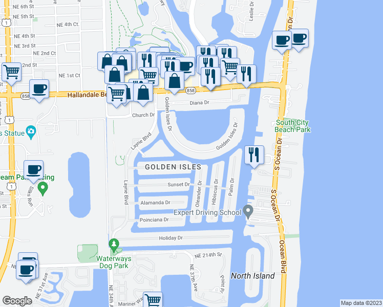 map of restaurants, bars, coffee shops, grocery stores, and more near 357 Golden Isles Drive in Hallandale Beach