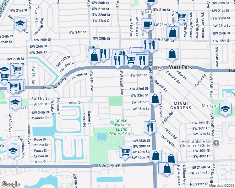 map of restaurants, bars, coffee shops, grocery stores, and more near 6217 Southwest 33rd Street in Miramar