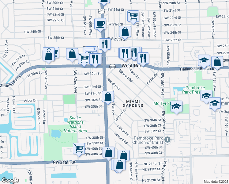 map of restaurants, bars, coffee shops, grocery stores, and more near 3205 Southwest 59th Terrace in Hollywood
