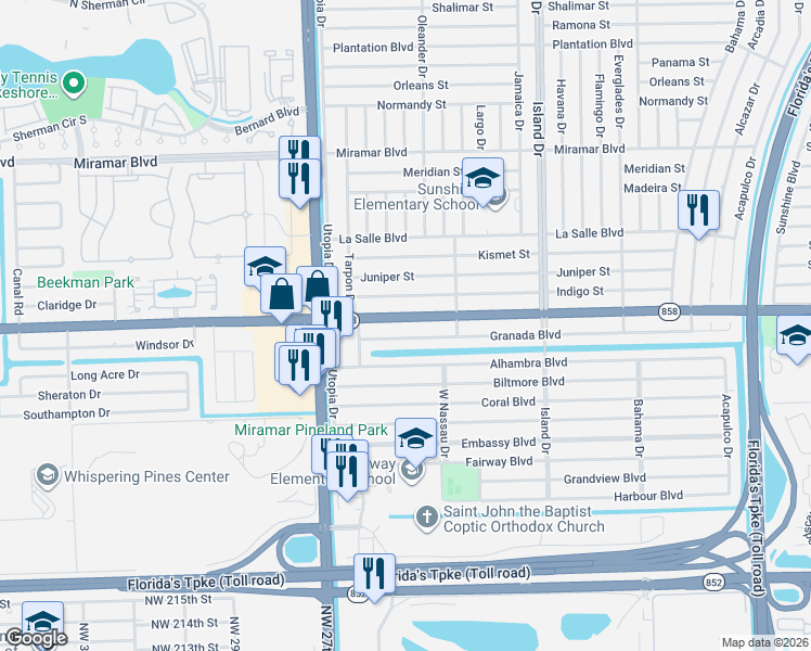 map of restaurants, bars, coffee shops, grocery stores, and more near 7905 Florida 858 in Miramar