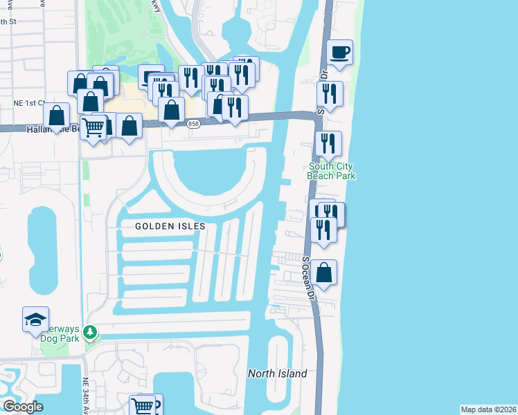 map of restaurants, bars, coffee shops, grocery stores, and more near 501 Palm Drive in Hallandale Beach