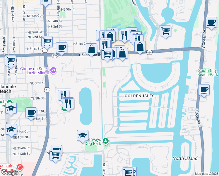 map of restaurants, bars, coffee shops, grocery stores, and more near 580 Egret Drive in Hallandale Beach