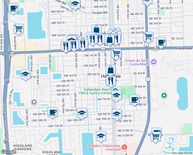 map of restaurants, bars, coffee shops, grocery stores, and more near 211 Southwest 3rd Street in Hallandale Beach