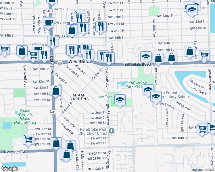 map of restaurants, bars, coffee shops, grocery stores, and more near 112 Marion Road in West Park