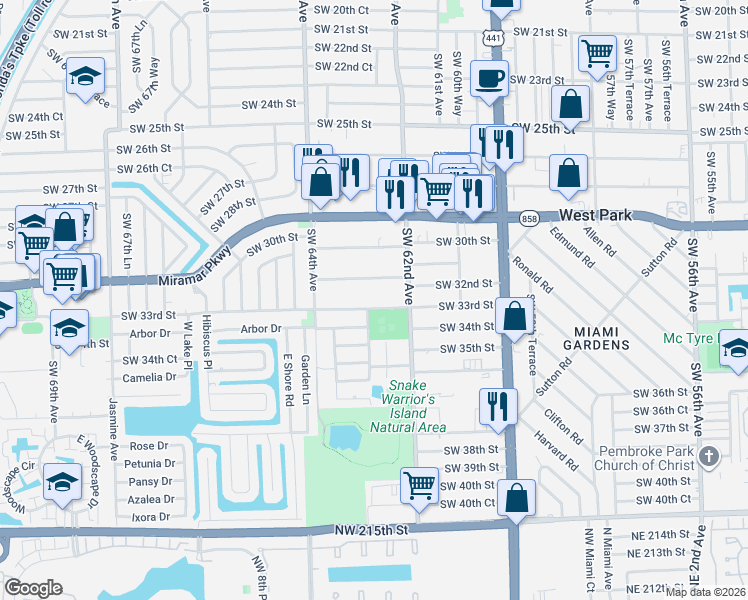 map of restaurants, bars, coffee shops, grocery stores, and more near 6301 Southwest 33rd Street in Miramar