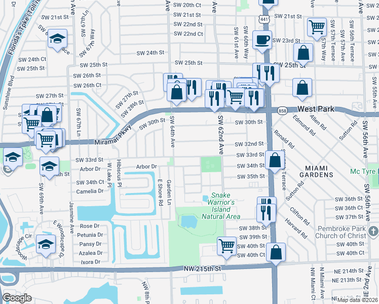 map of restaurants, bars, coffee shops, grocery stores, and more near 6390 Southwest 32nd Street in Miramar
