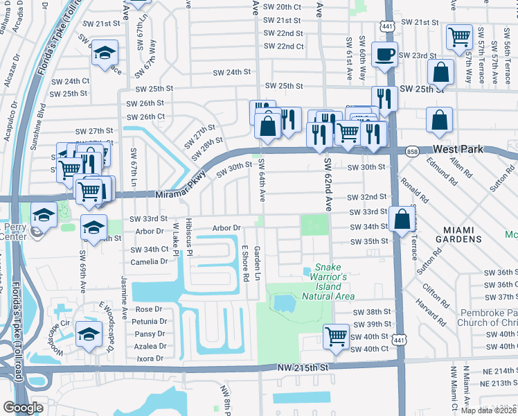 map of restaurants, bars, coffee shops, grocery stores, and more near 3240 Southwest 64th Terrace in Miramar