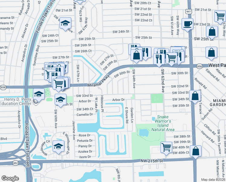 map of restaurants, bars, coffee shops, grocery stores, and more near 3231 Southwest 66th Avenue in Miramar
