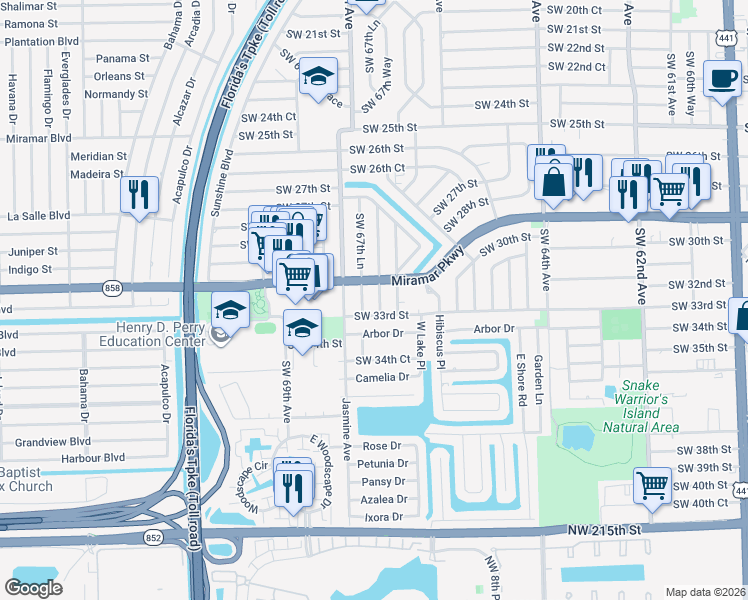 map of restaurants, bars, coffee shops, grocery stores, and more near 3121 Southwest 67th Way in Miramar