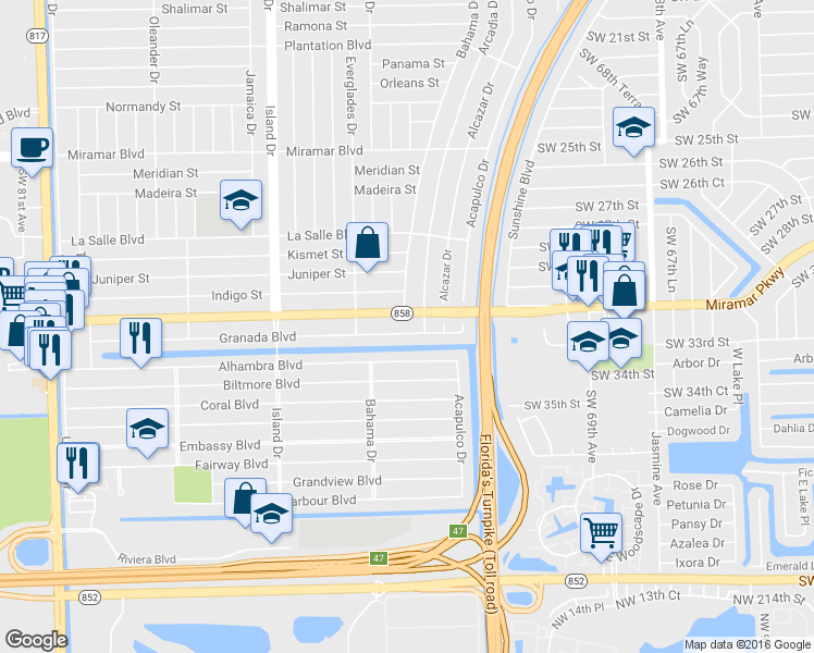 map of restaurants, bars, coffee shops, grocery stores, and more near 7410 Miramar Parkway in Miramar