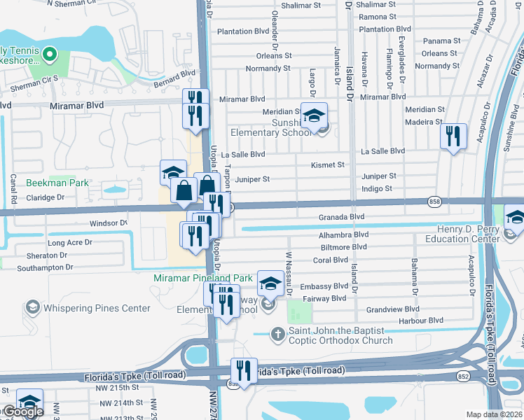 map of restaurants, bars, coffee shops, grocery stores, and more near 7905 Florida 858 in Miramar
