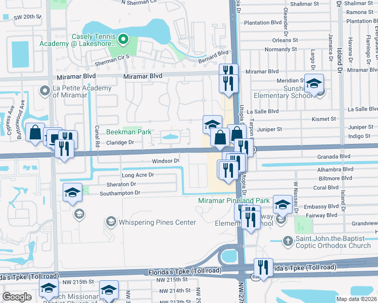 map of restaurants, bars, coffee shops, grocery stores, and more near 3047 East Missionwood Lane in Miramar