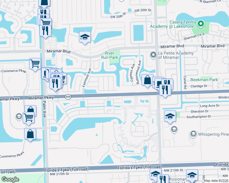 map of restaurants, bars, coffee shops, grocery stores, and more near 3261 Ensenada Way in Miramar