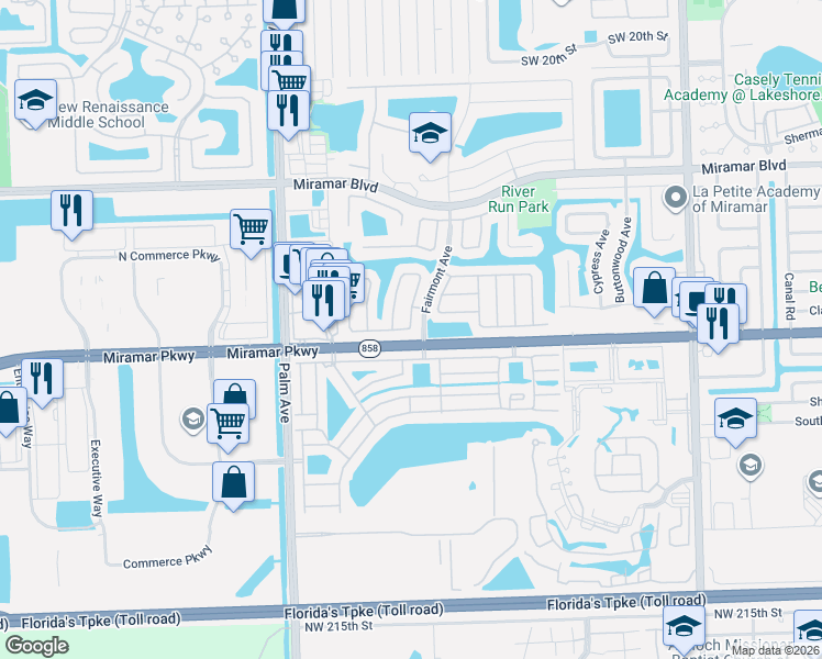 map of restaurants, bars, coffee shops, grocery stores, and more near 3290 Salinas Way in Miramar