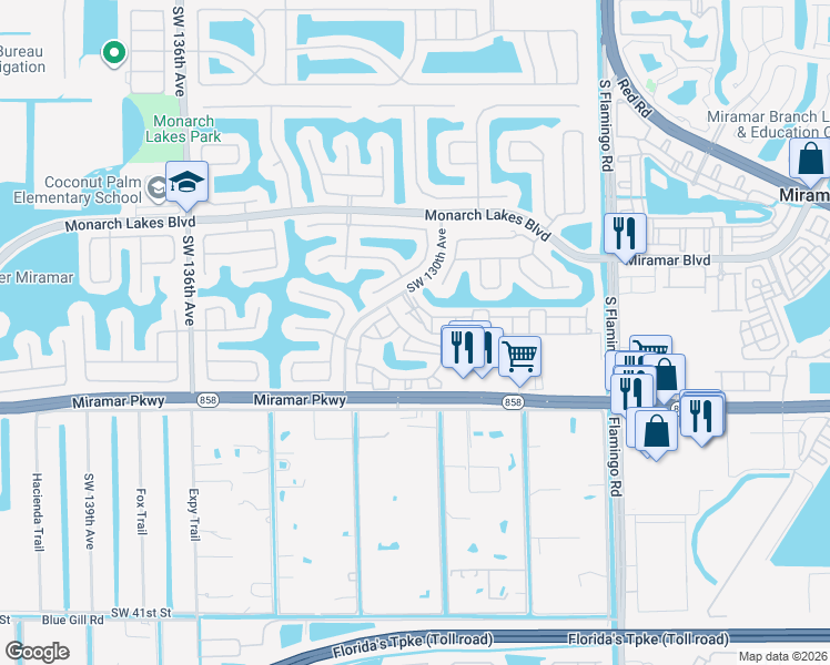 map of restaurants, bars, coffee shops, grocery stores, and more near 12962 Southwest 29th Court in Miramar