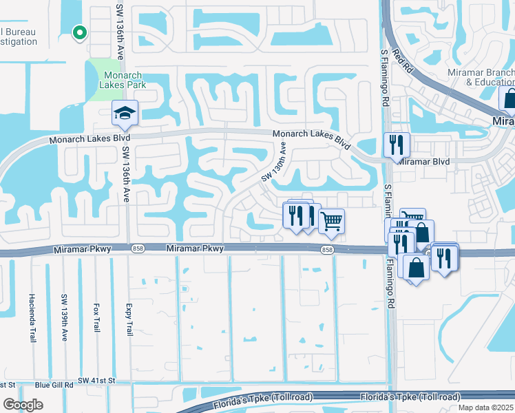 map of restaurants, bars, coffee shops, grocery stores, and more near 12962 Southwest 29th Court in Miramar