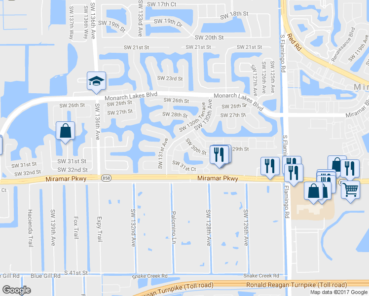 map of restaurants, bars, coffee shops, grocery stores, and more near 12990 Southwest 30th Court in Miramar