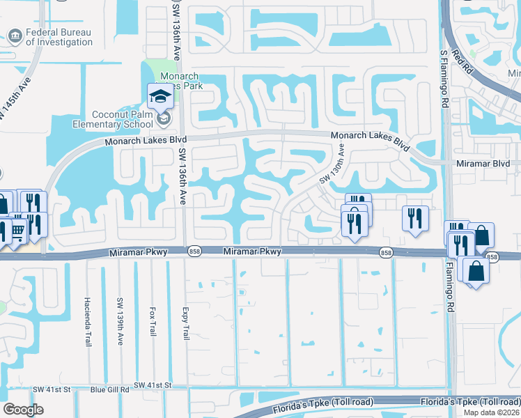 map of restaurants, bars, coffee shops, grocery stores, and more near 13155 Southwest 30th Street in Miramar