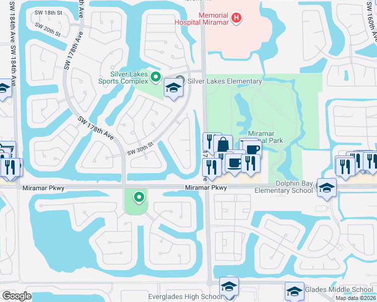 map of restaurants, bars, coffee shops, grocery stores, and more near 17351 Southwest 32nd Court in Miramar