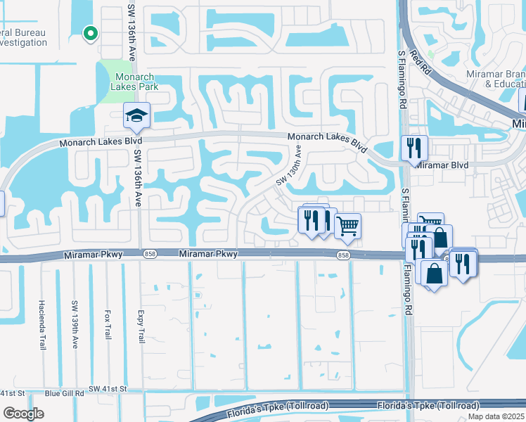 map of restaurants, bars, coffee shops, grocery stores, and more near 12951 Southwest 30th Court in Miramar