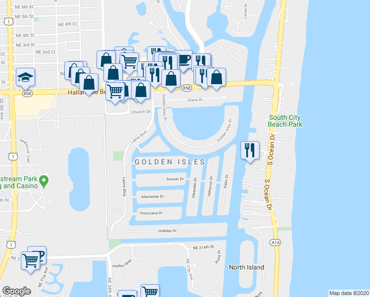 map of restaurants, bars, coffee shops, grocery stores, and more near 357 Golden Isles Drive in Hallandale Beach