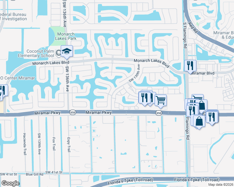 map of restaurants, bars, coffee shops, grocery stores, and more near 12990 Southwest 30th Court in Miramar