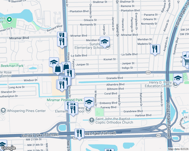 map of restaurants, bars, coffee shops, grocery stores, and more near 7812 Miramar Parkway in Miramar