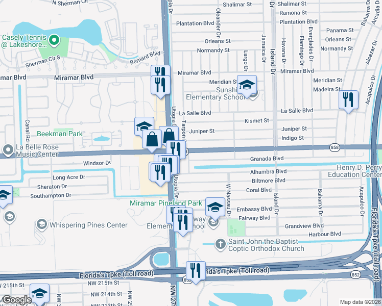 map of restaurants, bars, coffee shops, grocery stores, and more near 7936 Miramar Parkway in Miramar