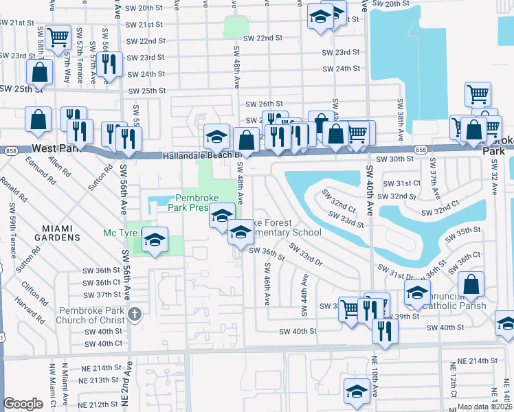map of restaurants, bars, coffee shops, grocery stores, and more near 3221 Southwest 47th Avenue in West Park