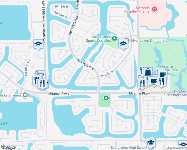 map of restaurants, bars, coffee shops, grocery stores, and more near 2967 Southwest 179th Avenue in Miramar
