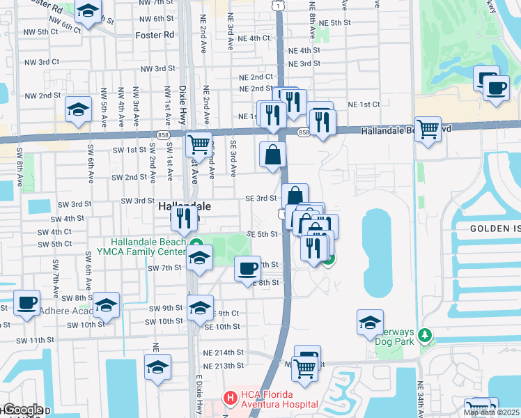 map of restaurants, bars, coffee shops, grocery stores, and more near 410 Southeast 3rd Street in Hallandale Beach