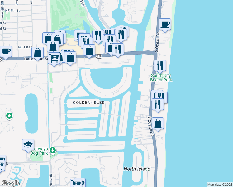 map of restaurants, bars, coffee shops, grocery stores, and more near 300 Golden Isles Drive in Hallandale Beach