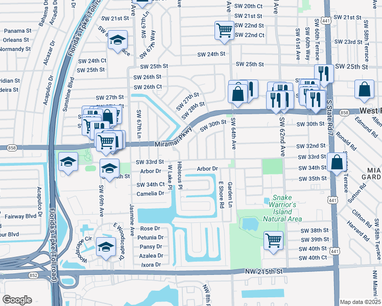 map of restaurants, bars, coffee shops, grocery stores, and more near 3221 Southwest 66th Way in Miramar