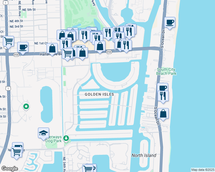 map of restaurants, bars, coffee shops, grocery stores, and more near 357 Golden Isles Drive in Hallandale Beach