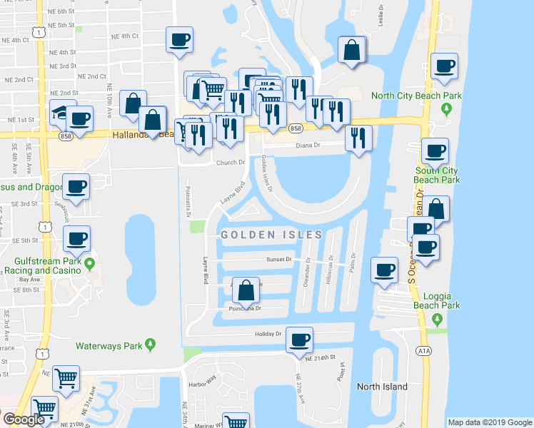 map of restaurants, bars, coffee shops, grocery stores, and more near 419 Golden Isles Drive in Hallandale Beach