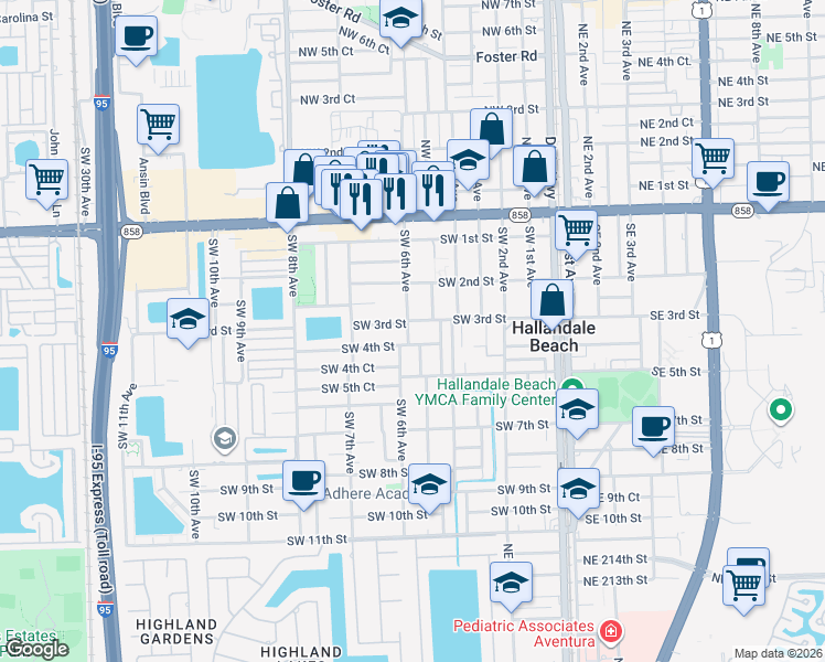map of restaurants, bars, coffee shops, grocery stores, and more near 509 Southwest 3rd Street in Hallandale Beach