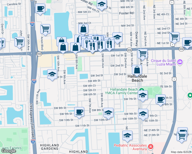 map of restaurants, bars, coffee shops, grocery stores, and more near 629 Southwest 3rd Street in Hallandale Beach