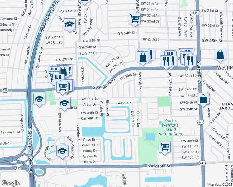 map of restaurants, bars, coffee shops, grocery stores, and more near 3221 Southwest 66th Way in Miramar