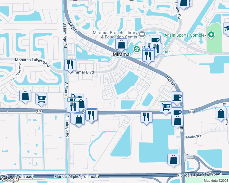 map of restaurants, bars, coffee shops, grocery stores, and more near 2905 Southwest 119th Way in Miramar