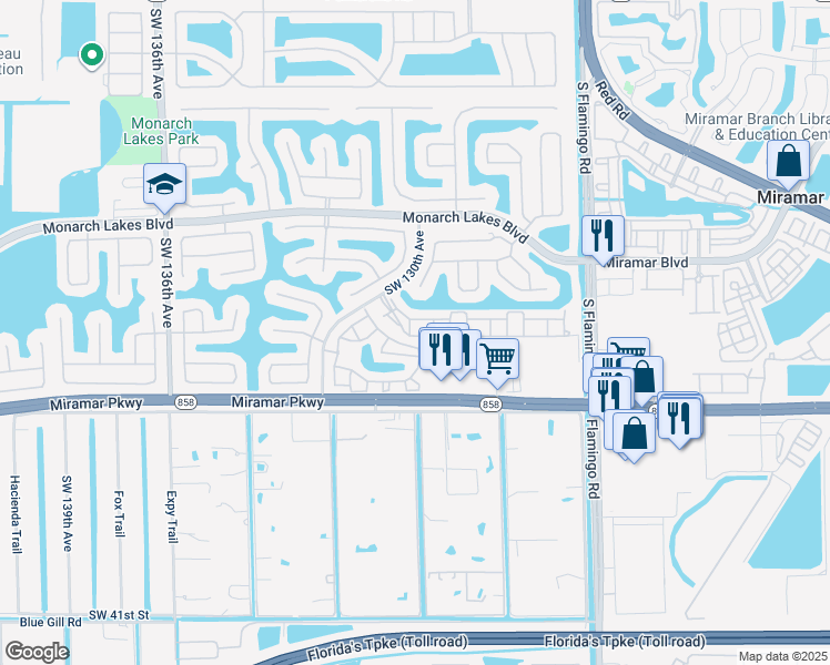 map of restaurants, bars, coffee shops, grocery stores, and more near 12933 Southwest 29th Street in Miramar