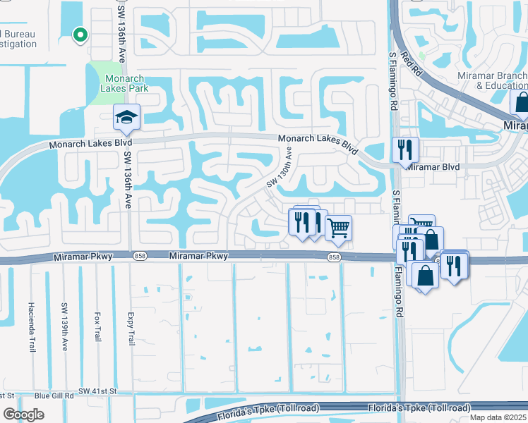 map of restaurants, bars, coffee shops, grocery stores, and more near 12962 Southwest 29th Court in Miramar