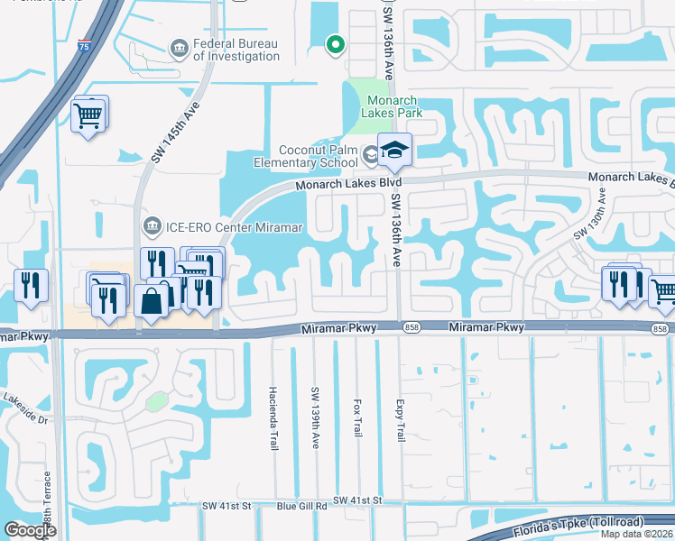map of restaurants, bars, coffee shops, grocery stores, and more near 2968 Southwest 138th Avenue in Miramar